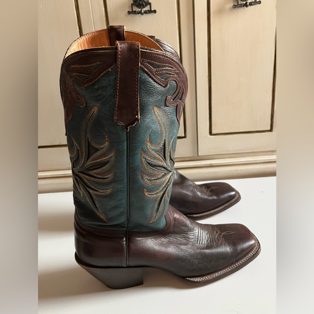 Men’s All Leather Stetson turquoise green brown square toe heel cowboy boots 11